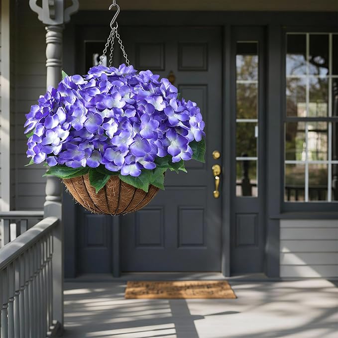 FOTEEWL 16 Bundles Artificial Hydrangea Flowers for Outdoor Decor, Realistic Faux Silk Bouquets Sun-Resistant Fake Plants for Front Door Balcony Farmhouse Garden Home Spring Summer Decor (Purple)