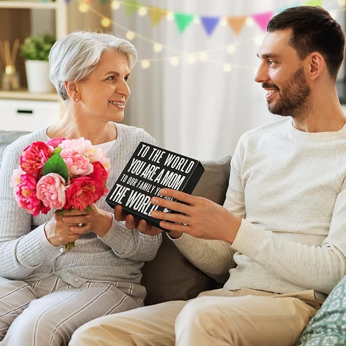 TJ.MOREE Birthday Gifts for Mom, Christmas Gift for Mother 6x6 Wood Box Sign “To the World You Are a Mom, But to Our Family You Are the World” Rustic Home Décor – Mother’s Day Gifts from Son, Daughter
