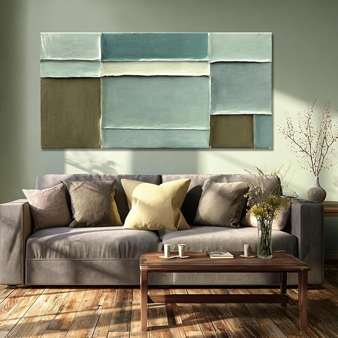Hue7Art Modern Abstract Green and White Hand PaintingCanvas Wall Art Minimalist Layered Color Artwork for Living Room Bedroom Office Contemporary Wall Decor 24x48 Inch