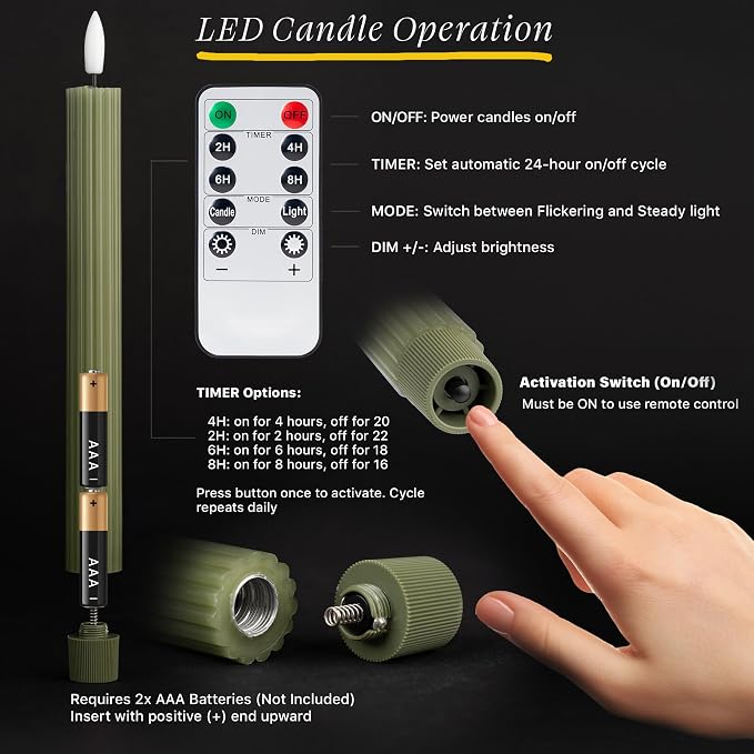 6 Pack, 10" LED Flameless Real Wax Sage Olive Loden Green Fluted Ribbed Grooved Taper Candles, Remote & 24h Timer Memory, On/Off Button, Dimmable, Flicker Mode, Battery Operated, Wedding