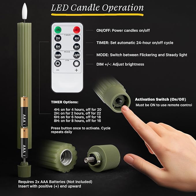 12 Pack, 10" LED Flameless Real Wax Sage Olive Loden Green Fluted Ribbed Grooved Taper Candles, Remote & 24h Timer Memory, On/Off Button, Dimmable, Flicker Mode, Battery Operated, Wedding