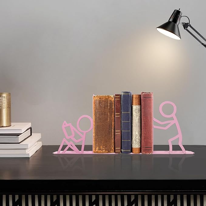 Metal Unique Office Desk Bookends Bookends Decorative Cute Book Ends Reading Decor Bookshelf Decor for Office School Library Bedroom, Book Lovers Gift（Pink）