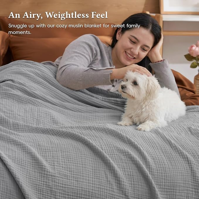 David's Home 100% Natural Cotton Muslin Blanket Queen Size, 4-Layer Soft Breathable Lightweight Cozy Throw Guaze for Hot Sleepers, 3D Bubble Room Decor for Bed Couch, Giftable, Dark Grey, 90"x90"