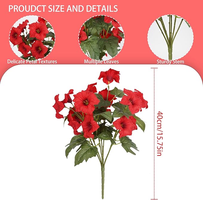 Artificial Flowers for Outdoors, Faux Petunias Spring Summer Decoration, Fake Flowers Plants UV Resistant Look Real Silk Flowers for Outside Planter Front Door Porch Patio Yard (6, Red)