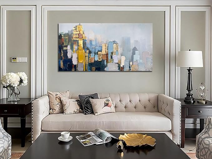 Arjun Neutral Wall Art Painting Abstract Art Wall Decor Canvas, Large Textured Skyline for Living Room Gold Painting Modern Wall Art for Men Bedroom Cityscape Artwork Home Office Wall Decor, 48"x24"