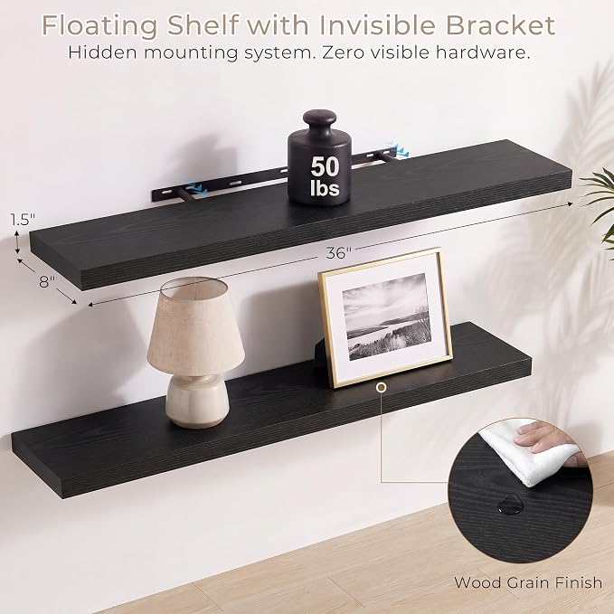 Vivelove Black Floating Shelves for Wall with Invisible Brackets, 36 Inch Floating Shelves for Bedroom Bathroom Living Room Kitchen Office, 36”X 8" X 1.4", Set of 2 - Black