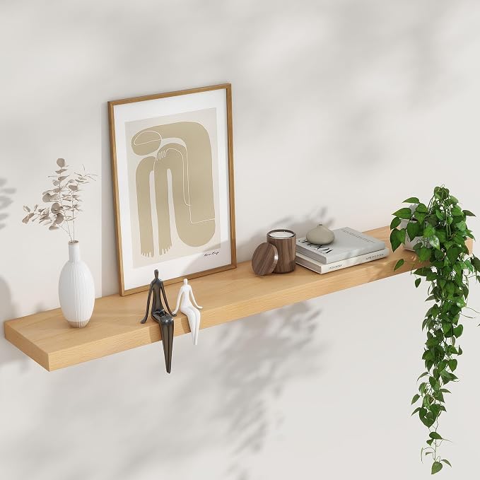 FLYJOE Floating Shelves for Wall, USA-Sourced Beech Wood 48 Inch Long Wall Shelves, Natural Wooden Mounted Picture Ledge Shelf, Nursery Book Storage Shelf Kids Bookshelf, Display Shelf for Bathroom