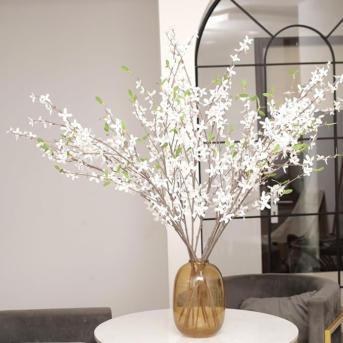 Artificial Forsythia Branches, 6 Pcs 39.4 Inch Spring White Flowers Cherry Blossom, Artificial Flowers for Decoration, Silk Forsythia Flowers Artificial Orchids Wedding Office Home Table Decor