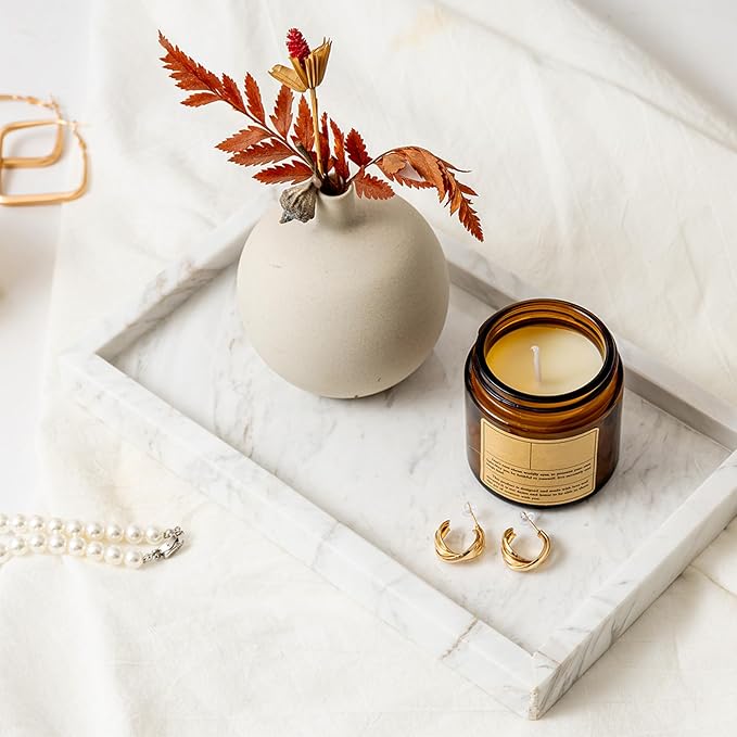Italy Marble Vanity Tray for Jewelry, Perfume, Makeup, Candle,Towel Natural Modern Decorative Trays for Bathroom Bedroom Dresser Rectangle Kitchen Storage Organizer for Home Decor White (FX031)