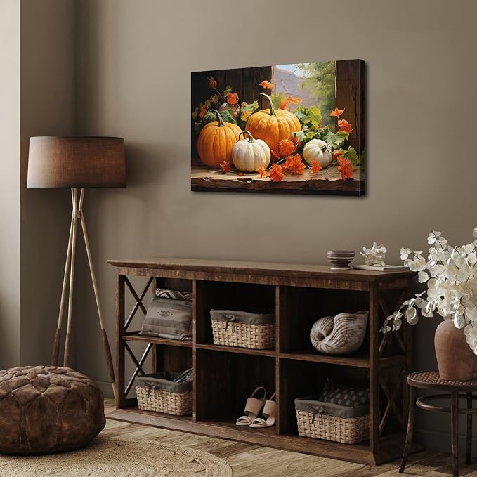 Pumpkin Canvas Wall Art Fall Pictures Maple Leaf Autumn Decor Thanksgiving Wall Framed Prints Rustic Halloween Themed Wall Decor Modern Artwork for Living Room Kitchen Bedroom Home Decorations 16x24”