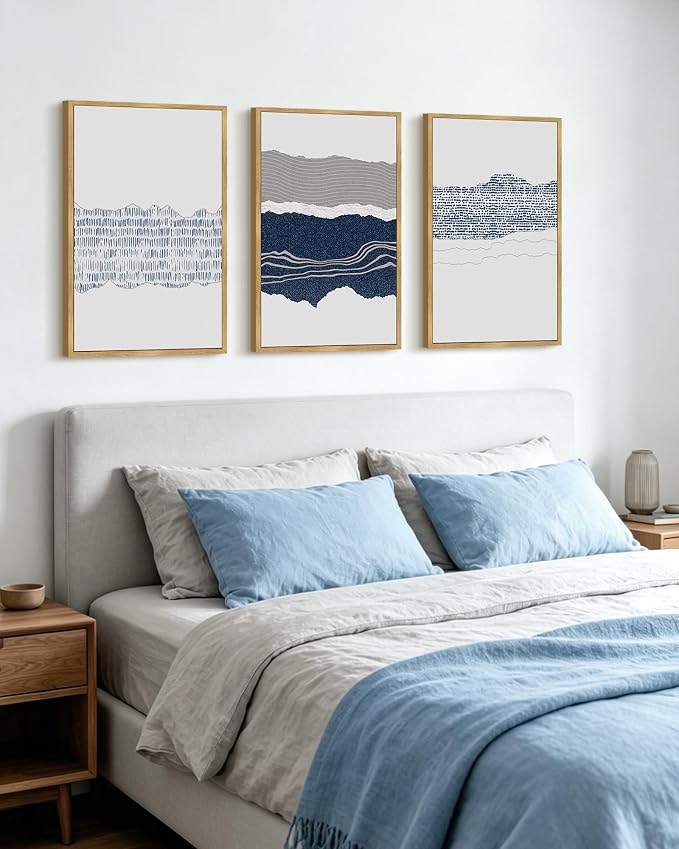 PHOPAGO Navy Blue Abstract Shapes Framed Wall Art Large 16x24in Mid Century Minimalist Boho Wall Decor Modern Neutral Rustic Farmhouse Living Laundry Decor - Natural Framed
