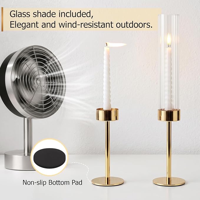 Gold Hurricane Taper Candle Holders,2 Sets(6 Pcs) Brass Tall Candlestick Holders with Ribbed Glass Cylinder, Table Centerpiece Decor for Wedding, Party, Halloween,Christmas & Home Decoration