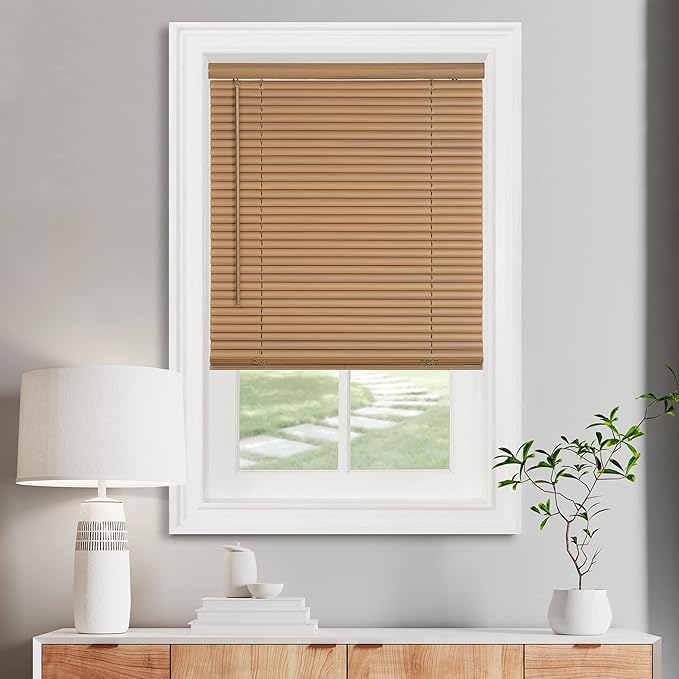 Cordless Light Filtering Mini Blind - 26 Inch Width, 64 Inch Length, 1" Slat Size - Woodtone - Cordless GII Morningstar Horizontal Windows Blinds for Interior by Achim Home Decor