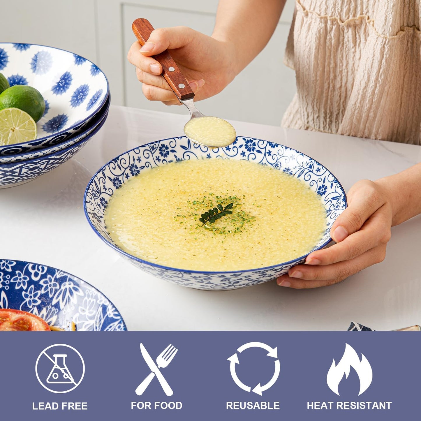 Ceramic Pasta Bowls Set - 40 Oz Porcelain Large Salad Bowls Serving - 9 Inch Wide Shallow Plate Bowls for Eating - Housewarming Wedding Gift - Oven Dishwasher Safe - Set of 6 - Vintage Blue