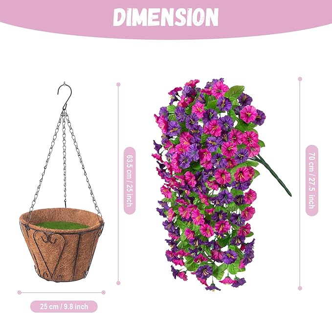 INXUGAO Artificial Flowers with Hanging Basket, Outdoor Faux Plants Silk Morning Glory Vines, Fake Green Arrangement for Garden Patio Spring Summer Decor(4pcs,Purple Red Violet)