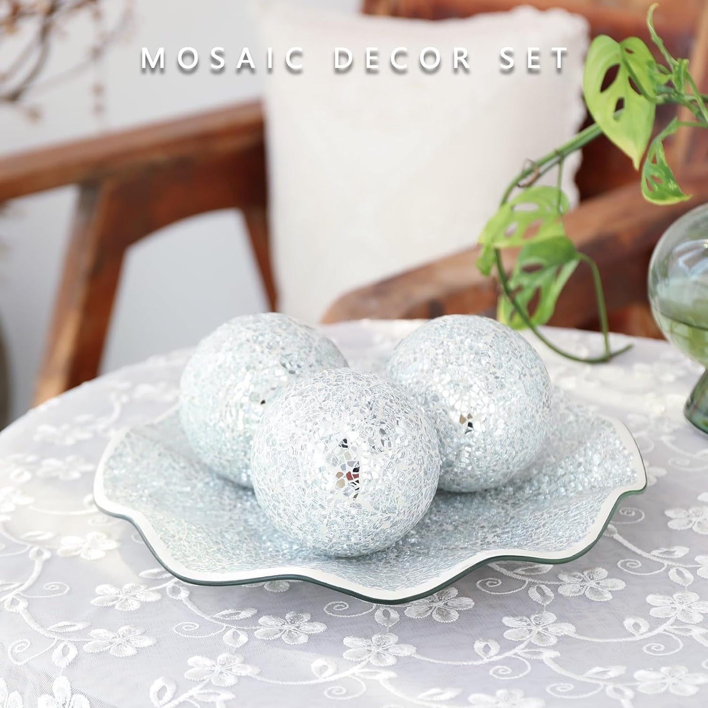 VCUTEKA Decorative Balls and Glass Bowl, 4 Inch Mosaic Sphere Balls Centerpiece Balls for Coffee Table, Home Decor, Wedding Party Decor, Silver Bowl