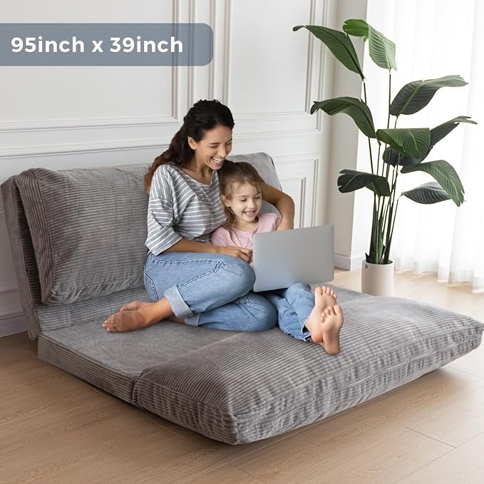 MAXYOYO Folding Sofa Bed, Extra Thick and Long Floor Sofa Convertible Chair with Washable Cover, Floor Couch Lounge Bean Bag Bed for Living Room, Grey, 39x91 Inch