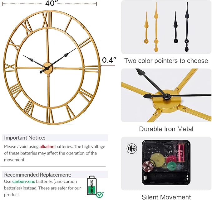 Large Wall Clock for Living Room Decor – 40 Inch Knocked-Down (KD) Silent Non-Ticking Modern Farmhouse Wall Clock, Oversized Decorative Metal Roman Numeral Clock