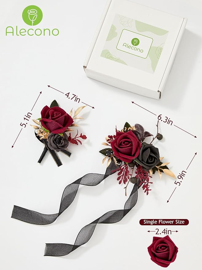 Alecono Burgundy Corsage and Boutonniere Set, Red and Black Rose Corsage Wristlet and Boutonniere for Wedding Prom Flower Accessories Suit Decorations