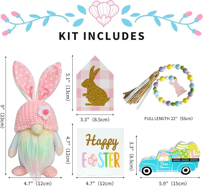 Easter Decorations, 5Pcs Easter Gnome Tiered Tray Decor, Glitter Easter Wood Signs, Truck Full of Eggs, Easter Bunny Gnome Plush, Spring Easter Bead Garland,Rustic Farmhouse Spring Easter Decor