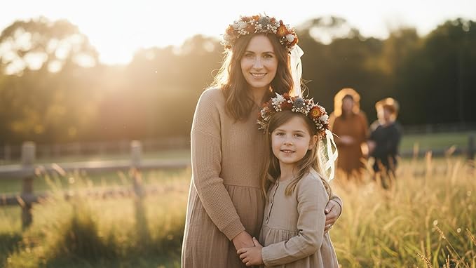 Preserved Natural Dried Flower Crown, Rustic Wedding Wreath Headband, Burnt Orange Terracotta Cream Floral Hair Garland for Brides, Bridesmaids, Flower Girls