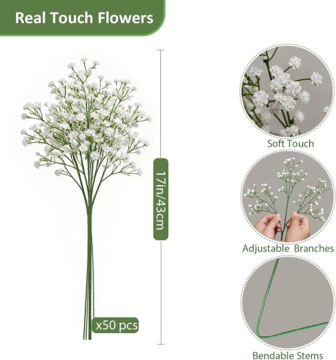 50 Pcs Baby Breath Artificial Flowers, Fake Babys Breath Gypsophila Flowers Bulk, Realistic Artificial Flowers Bouquet Flores Artificiales para Decoracion for Wedding Party Home Decoration