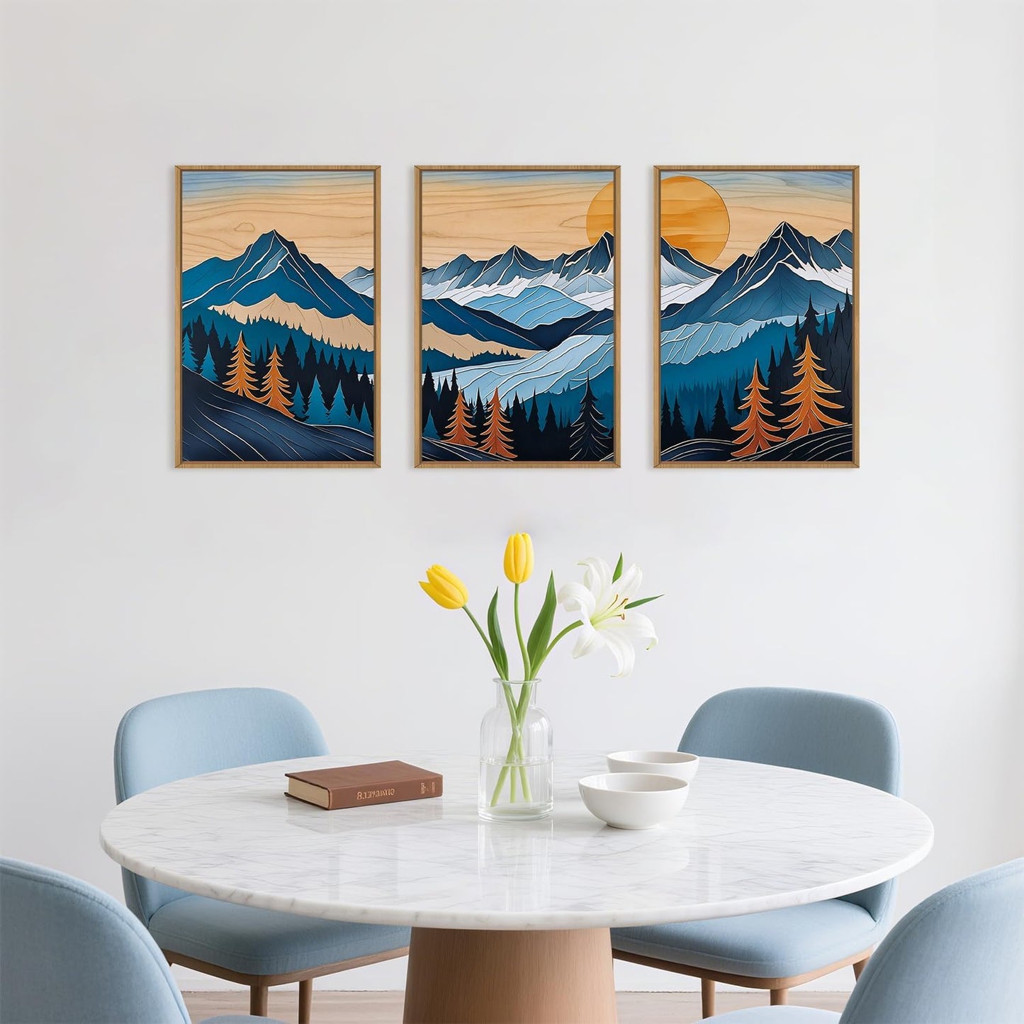 Blue Woodcut Mountain Framed Canvas Wall Art Set, Boho Abstract Ridge Wall Decor, Pine Tree Landscape Wall Painting, Sunrise Forest Art Print for Living Room, Bedroom, Office - 16"X24"X3