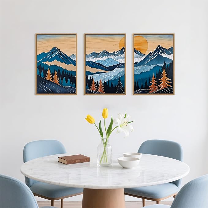 Celestdeco Boho Vintage Mountain Framed Canvas Wall Art Set, Blue Abstract Ridge Wall Decor, Woodcut Pine Tree Landscape Wall Painting, Sunrise Forest Art Print for Living Room, Bedroom, Office - 16"X24"X3