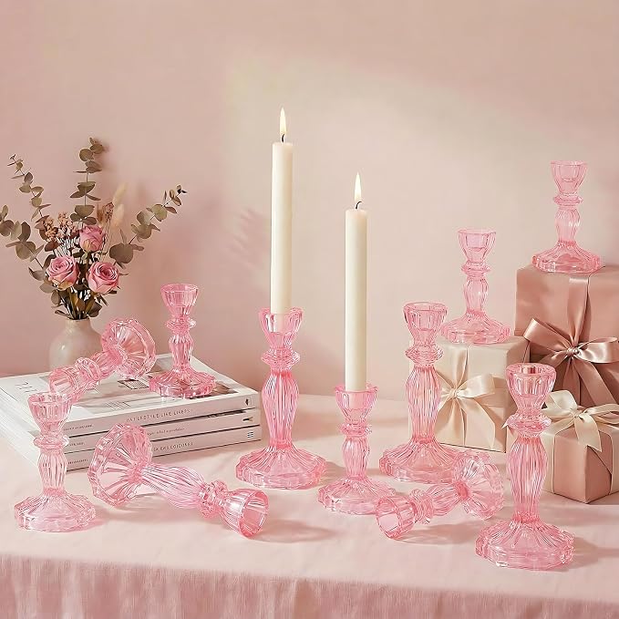 24 Pack Glass Candlestick Holders Set 4.3/6.1'' Taper Stripe Candle Holder Bulk Floral Shape Crystal Decorative Candle Stand Centerpiece for Table Wedding Dining (Pink)