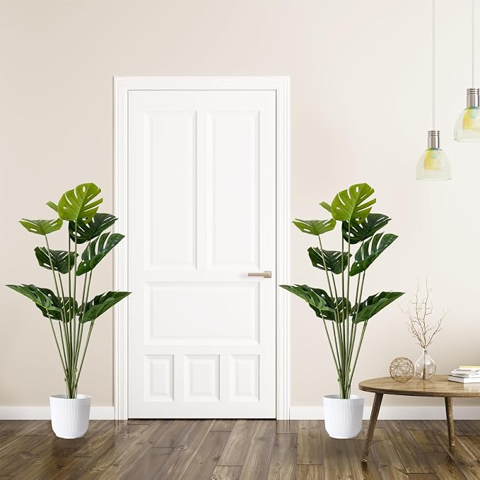 SAJANDAS Set of 2 Artificial Monstera Deliciosa Plants in Pots, Fake Tropical Trees with Greenery Leaves Stems, 46 Inch Faux Swiss Cheese Floor Plants for Porch, Office, Garden, Store, Home Decor