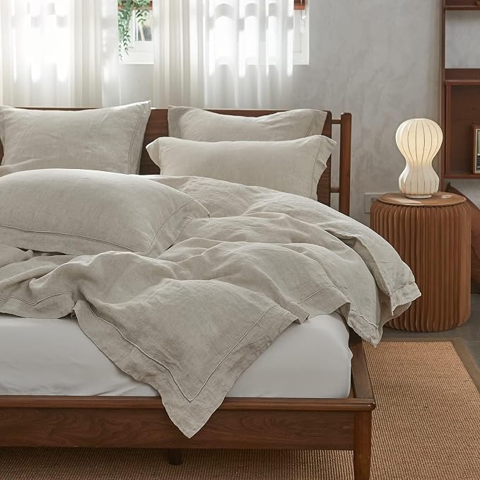 Simple&Opulence 100% Linen Duvet Cover Set with Embroidery Border Washed - 3 Pieces (1 Duvet Cover with 2 Pillow Shams) with Button Closure Soft Breathable Farmhouse - Linen, Queen Size