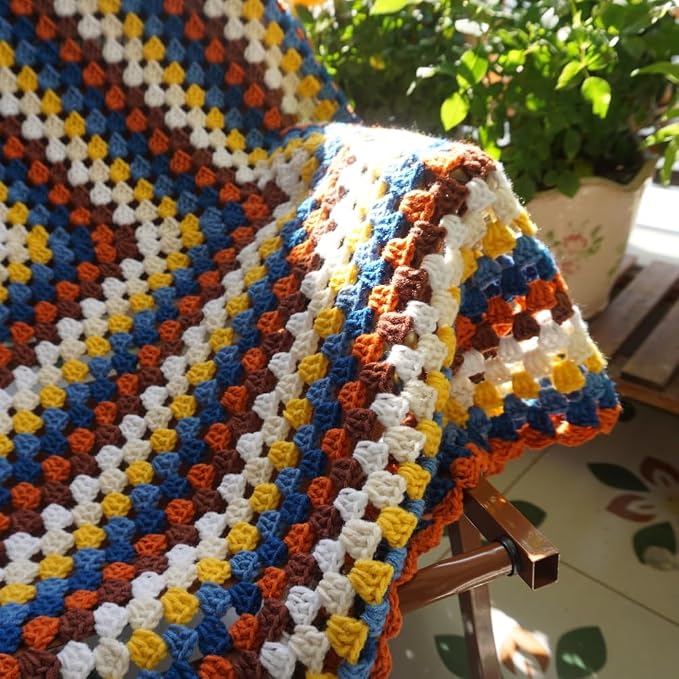 Handmade Crochet Granny Square Throw Blanket Sweater Style,Crochet Quilt,Multicolor Boho Travel Accent Throw for Sofa Comforter Couch Bed Recliner Living Room Bedroom Decor 43" x43" (B)