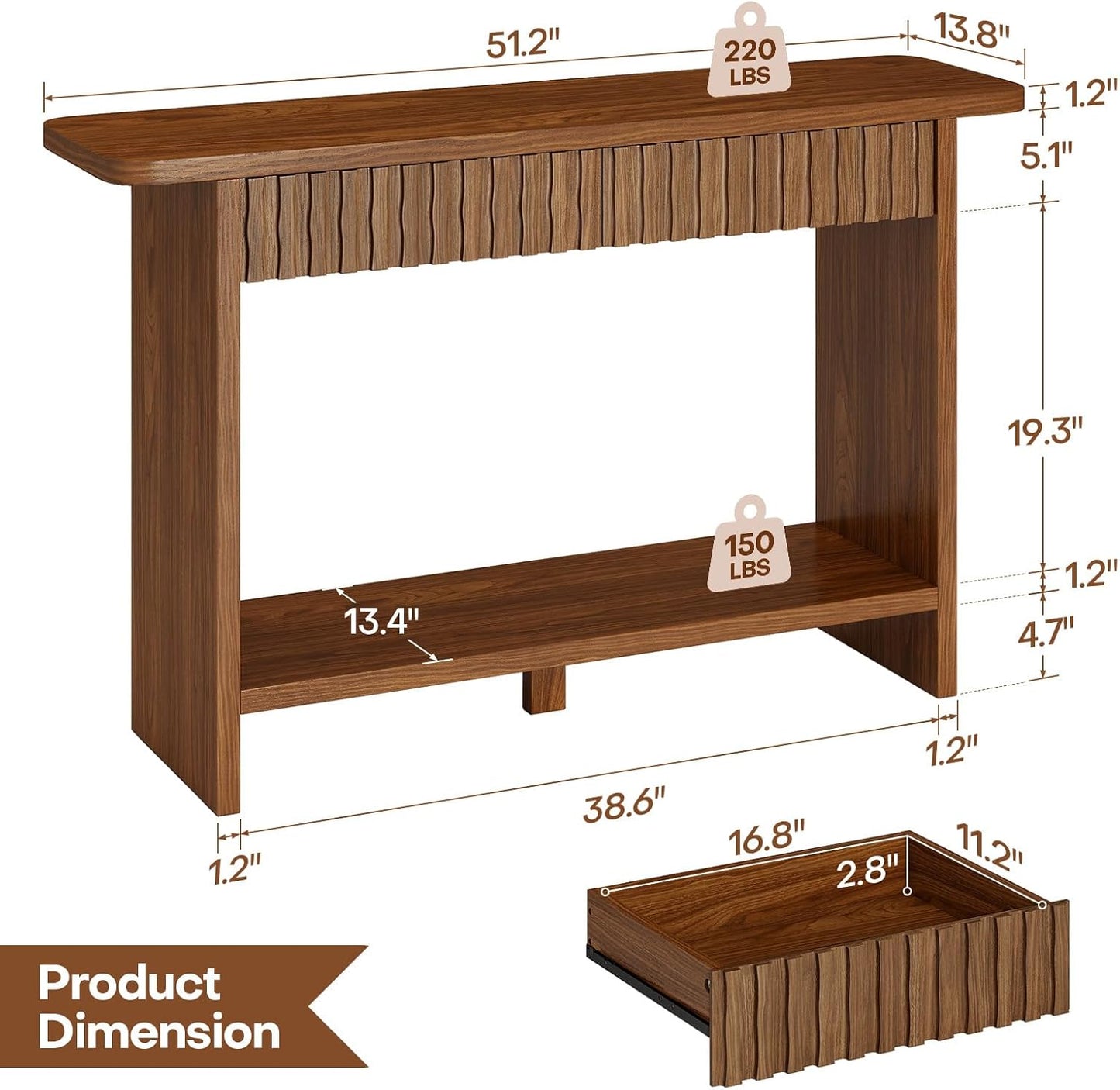 BECHAEO Mid Century Modern Console Table with Drawers, 51" Large 2-Tier Narrow Console Table with Storage Shelf, Sofa Station Behind The Couch, Accent Tables for Entryway, Hallway, Rustic Brown