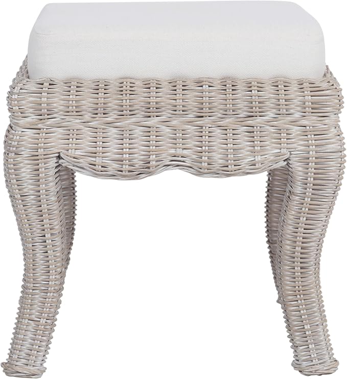 JONATHAN Y Rowan Woven Rattan Vanity Stool with White Cushion, 18.5" Coastal Backless Makeup Chair for Bedroom & Bathroom, Gray White Wash Mango Wood Wicker Ottoman Footrest VSL1000C