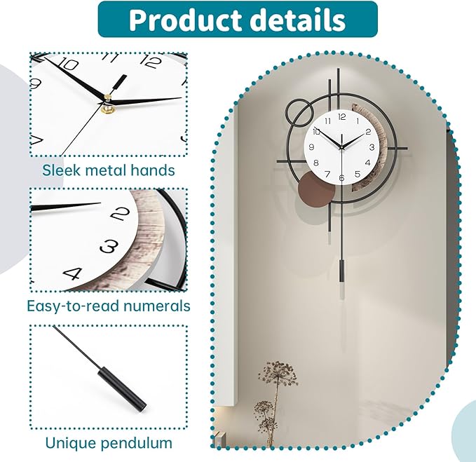 Wall Clock Decorative Modern Wall Clocks with Pendulum Silent Non-Ticking Quartz Clock Battery Operated Large Clock for Living Room,Kitchen,Home,Bathroom,Bedroom Wall Art Decor