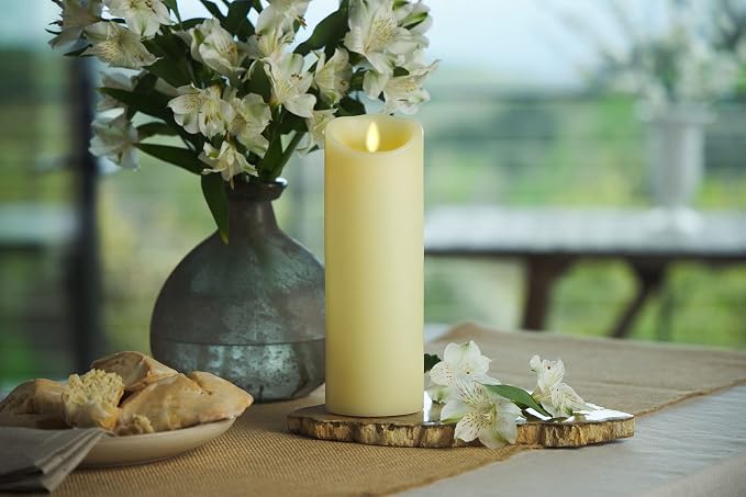 Luminara Scalloped Edge Flameless LED Candle, Warm White, 3" x 8.5", Battery Operated, Moving Flame, Real Wax Pillar with Timer, Vanilla Honey Scented