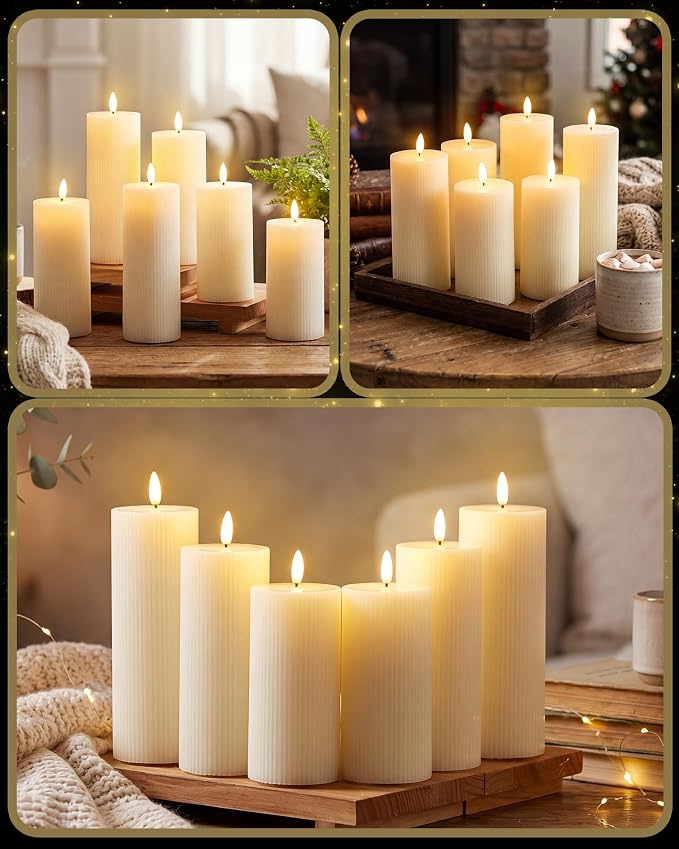 VIHOSE 6 Pack Lvory White Flameless Candles Set with Remote and Timer Flickering Flameless Battery Candles Flat Top LED Pillar for Wedding Outdoor Festival Decoration(Striped, D 3'' H 6'' 7'' 8'')