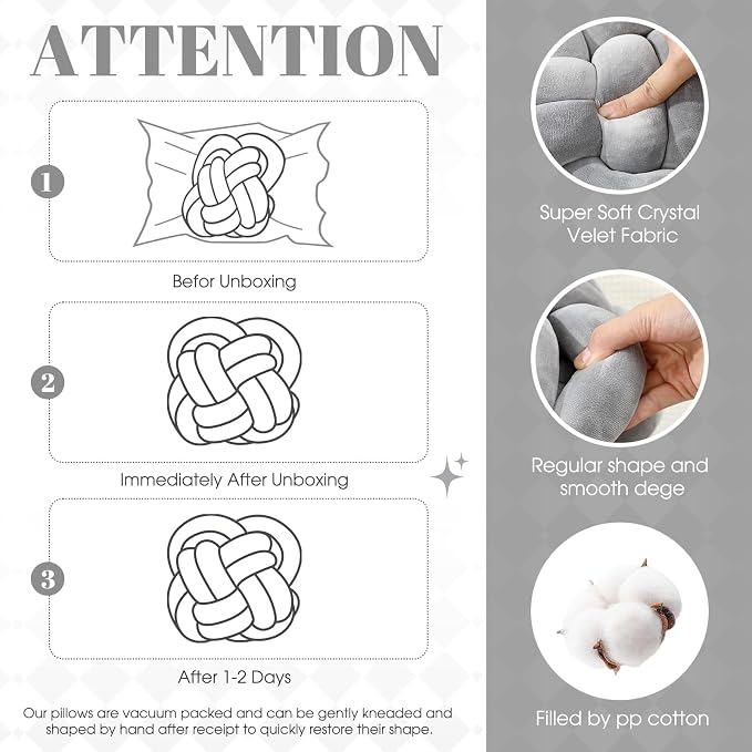 Beeveer 2 Pcs Knot Pillow Balls Set, 12 Inch Soft Decorative Throw Knot Pillow Ball, Large Square Knotted Floor Cushion for Living Room Bedroom Sofa Couch Bed Home Decoration(Light Gray)
