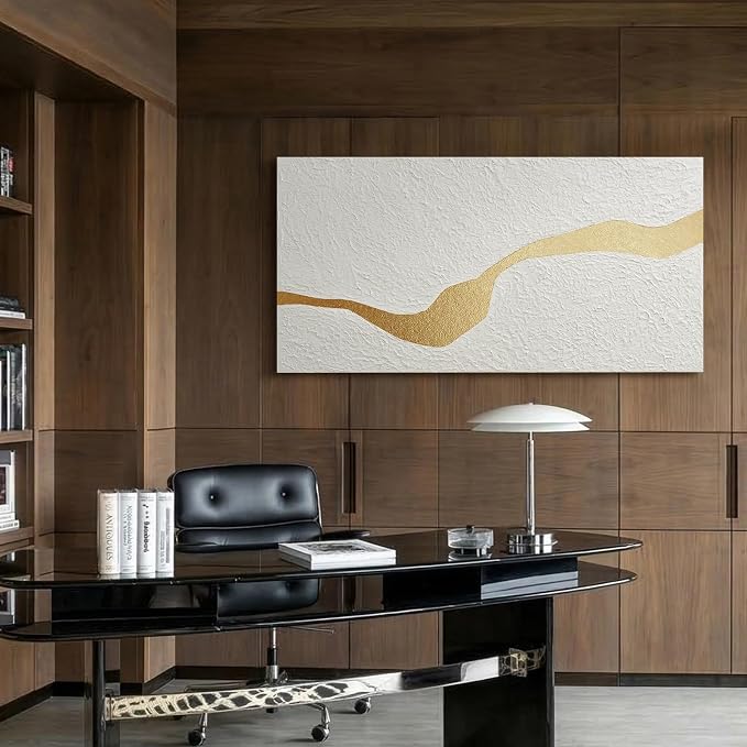 Large Horizontal Abstract White & Gold Textured Wall Art for Living Room | Modern Hand-Painted Oil Painting Artwork for Bedroom Office Dining Room, Original Contemporary Minimalist Wall Decor, Gifts