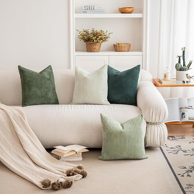 LANANAS Neutral Couch Throw Pillow Covers 18x18 Inch Set of 4 Decorative Sage Green Farmhouse Boho Pillows for Living Room, Couch, Bed, Sofa Soft Corduroy Accent Home Decor (Forest Green, 18x18 Inch)