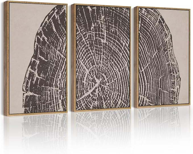 PHOPAGO Farmhouse Vintage Framed Wall Art Set Gray Wood Tree Ring Spirals Nature Abstract Drawings Rustic Modern Art Decor for Living Room Bedroom - 11x14in Natural Framed