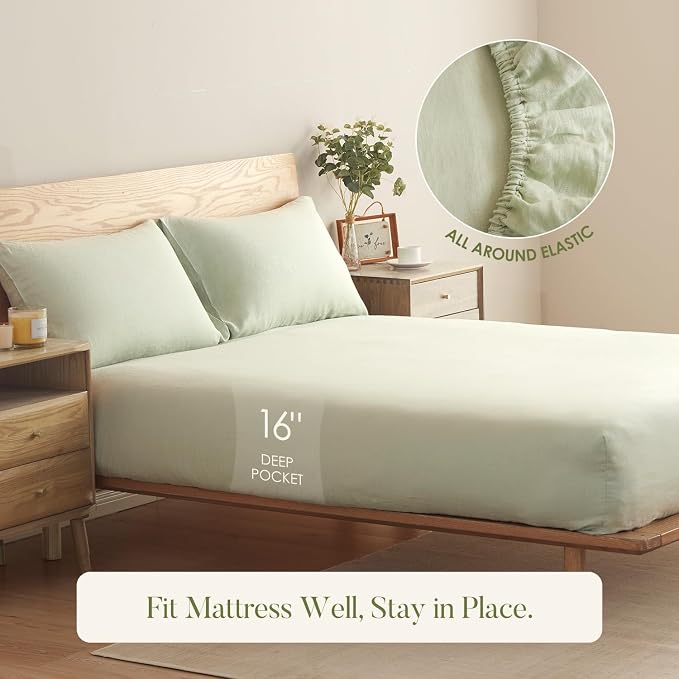DAPU 100% Linen Pillowcases 20x40 Inches Pillow Cases (Pack of 2) with Envelope Closure, Stone Washed Breathable and Cooling (Sage Green, King)