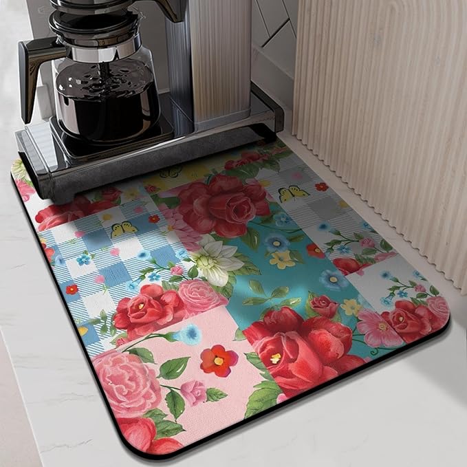 Coffee Bar Super Absorbent Anti-Slip Dish Drying Mats for Countertop - Silicone Flower Decor Fit Coffee Maker & Espresso Machine - 24inx18in