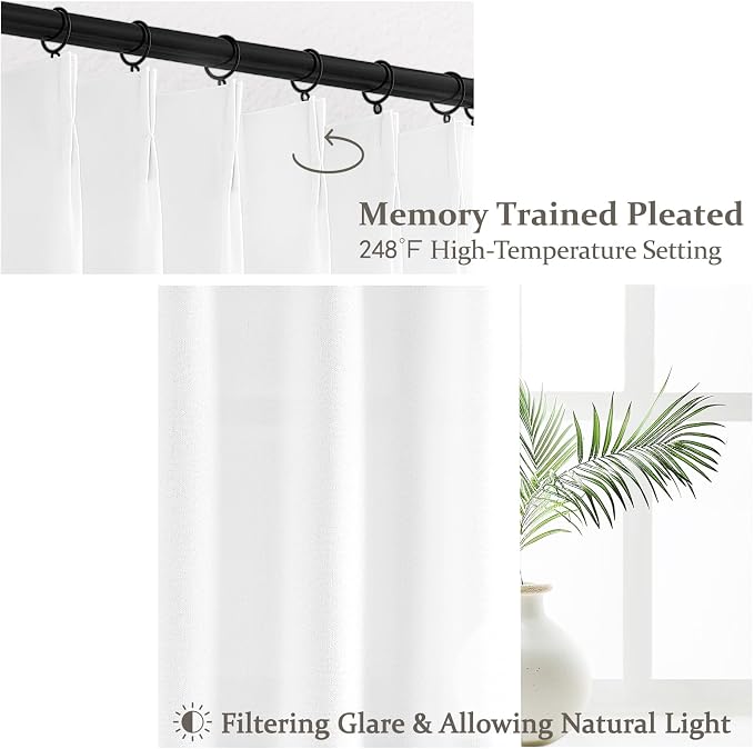 PleatedDrapes White Curtains 90 Inches Long, Pretty Closet Linen Curtain for Open Closet/Living Room Standard Window Curtain Lengths Coastal Light Filtering Semi Sheer Burgs 2 Panels Set (W40 xL90)