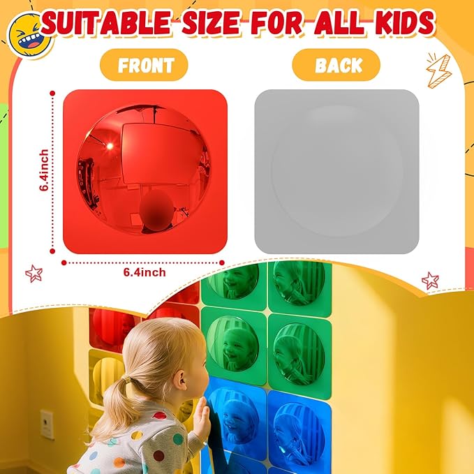 Geiserailie 16 Pcs Sensory Wall Mirror Acrylic Bubble Mirror Toys for Calming Corner Items - Sensory Room Have Visual, Tactile Stimulation (6 x 6 Inch,Red,Yellow,Green,Blue)
