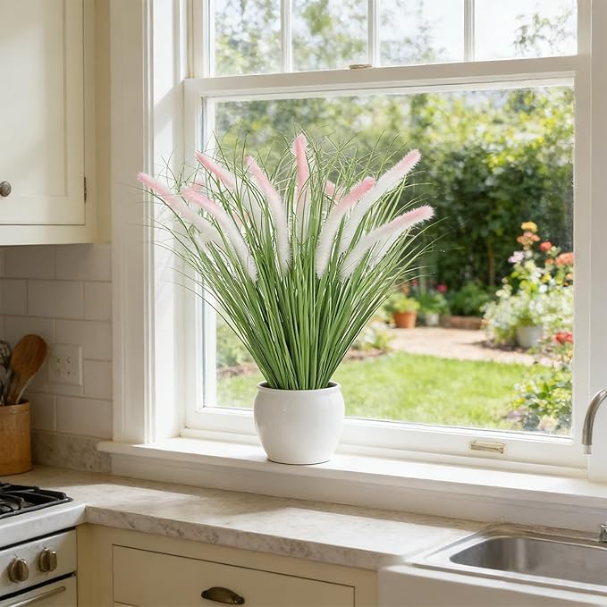 14PCS Artificial White Pink Tip Dog Tail Grass Onion Grass UV Resistant Outdoors Faux Shrubs Ornamental Wheat Grass Cattails Faux Bushes Home Decor for Outdoor Garden