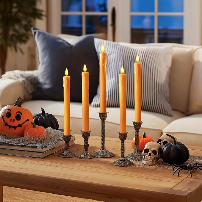 Homemory 6 Pcs Orange Flameless Taper Candles with Remote, Timer, Dimmer, Battery Operated CandleSticks with Flickering Light, Plastic Led Window Candles, for Halloween Decoration 9.6 Inches