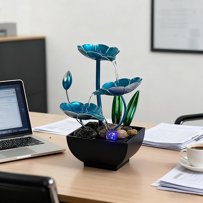 AOZITA Tabletop Fountain, Indoor Waterfall Fountain, Small Home Décor Zen Relaxation Soothing Sound Machine for Office, Living Room, or Bedroom,Blue Metal Lotus with Bud, River Rocks, LED