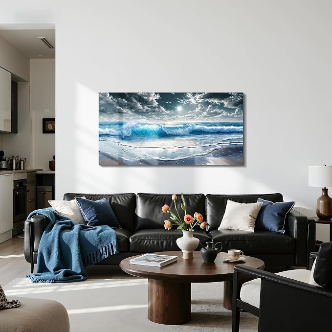 imjiayu Ocean Canvas Wall Art, Beach Wall Art For Living Room, Coastal Large Wall Decor For Bedroom Office Dining Room Decorations, Seascape Landscape Paintings, Blue Sea Wave Pictures Home Decor, 20" x 40"