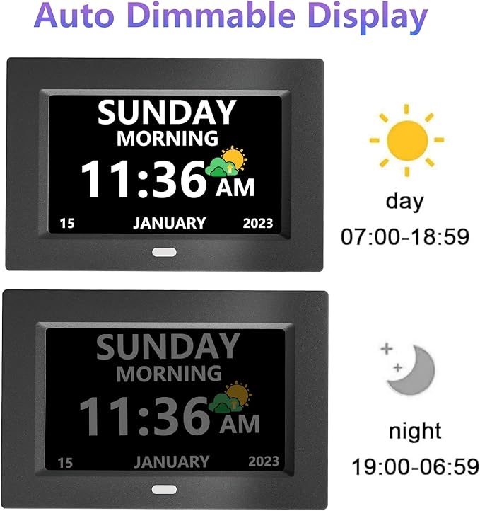 LXBYJKJ 7 Inch Digital Clock with Day and Date for Elderly Alzheimer's Clock Customizable Alarms 3 Display Modes Large Font Alarm Clock for Seniors Auto DST Black